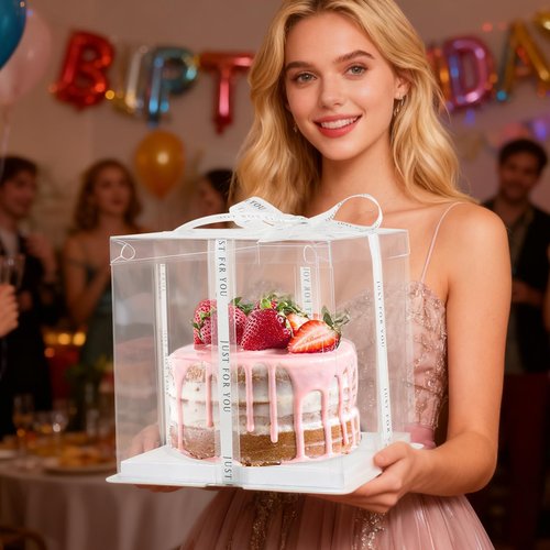 CHENZEM 8Pcs Tall Cake Boxes Clear Box with Ribbon, 8x8x9 inch, for 6" cajas para pasteles Tiered Cakes,Transport Gift Boxes for Wedding Valentine'Day and Gift Display. (Clear, 8 * 8 * 9 inch/8pcs)