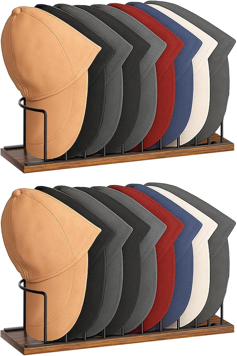 SWTYMIKI Hat Stand for Baseball Caps - 2-Tier Wood & Metal Organizer | Holds Up to 20 Caps (Black)