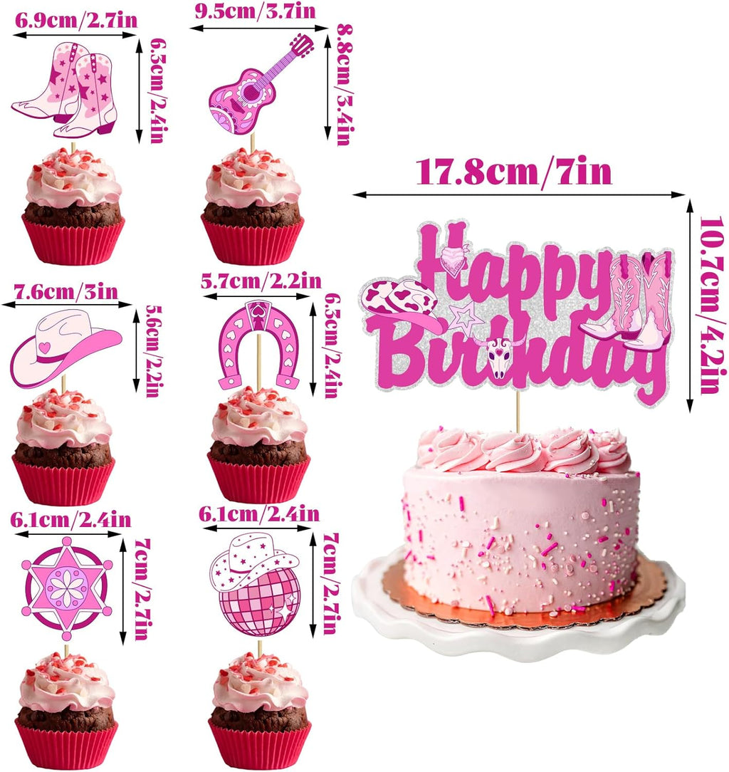 Skiennix Disco Cowgirl Cake Topper - Hot Pink Western Birthday Decoration for Women | Retro Rodeo Theme