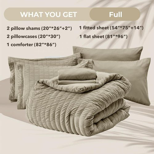 HYMOKEGE Linen Full Size Comforter Set - Luxurious 7-Piece All-Season Bedding in Seersucker Design