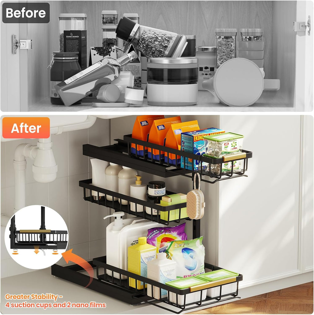 Under Sink Organizer - 3 Tier Pull Out Shelf Storage for Bathroom & Kitchen | 2 Pack Slide Out Drawers