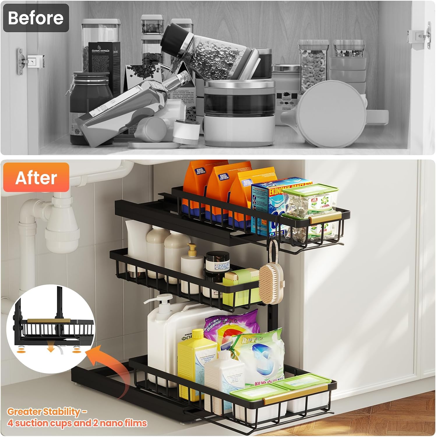 Under Sink Organizer - 3 Tier Pull Out Shelf Storage for Bathroom & Kitchen | 2 Pack Slide Out Drawers