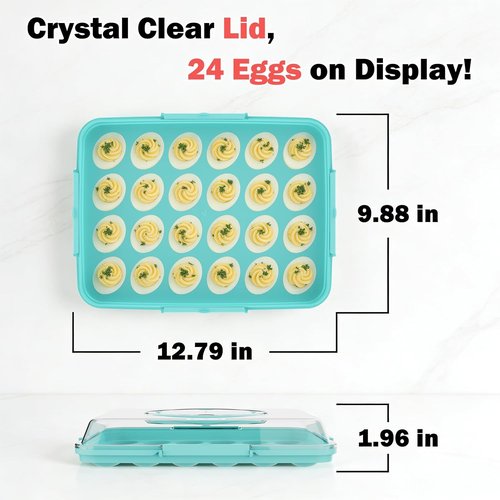 Deviled Egg Containers - 24 Count Reusable Platter with Lid & Handle for Parties | Blue