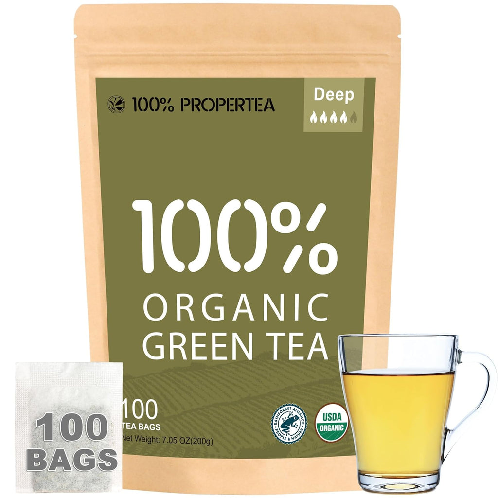 Propertea Organic Green Tea Bags - 100 Count Eco-Friendly Resealable Pouch | Rich in Antioxidants, Hot or Iced