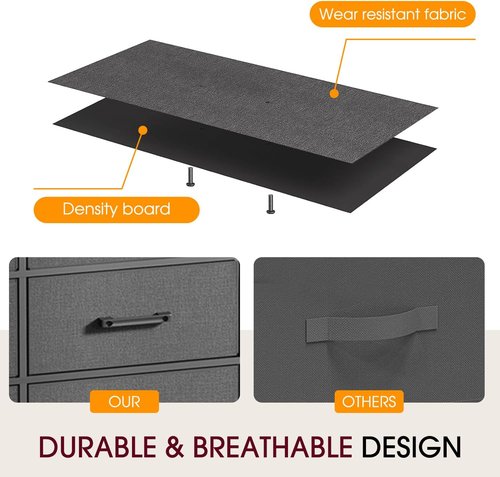 FDW 8-Drawer Fabric Dresser - Stylish Grey Storage Tower with Metal Frame & Wooden Top for Bedroom & Closet