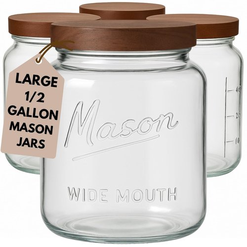 Kitchentoolz Half Gallon Glass Mason Jars with Airtight Push to Close Wooden Lids - Food Storage & Canning Jars with Measurement Markings - Pantry Containers for Flour, Sugar & Dry Goods - 64 oz (4pk)