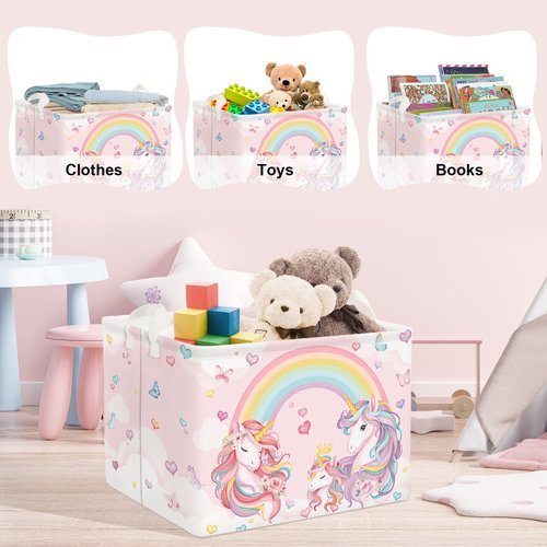 Clastyle 36L Pink Unicorn Rainbow Girls Storage Basket Collapsible Rectangle Clothes ToyBook Shelf Basket for Kid Room Nursery