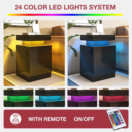 OneBlis Nightstands Set 2, 15 Inches LED Night Stand Set of 2, Modern Bedside Table with LED Lights, High Gloss Surface, End Table with Storage for Bedroom, Black
