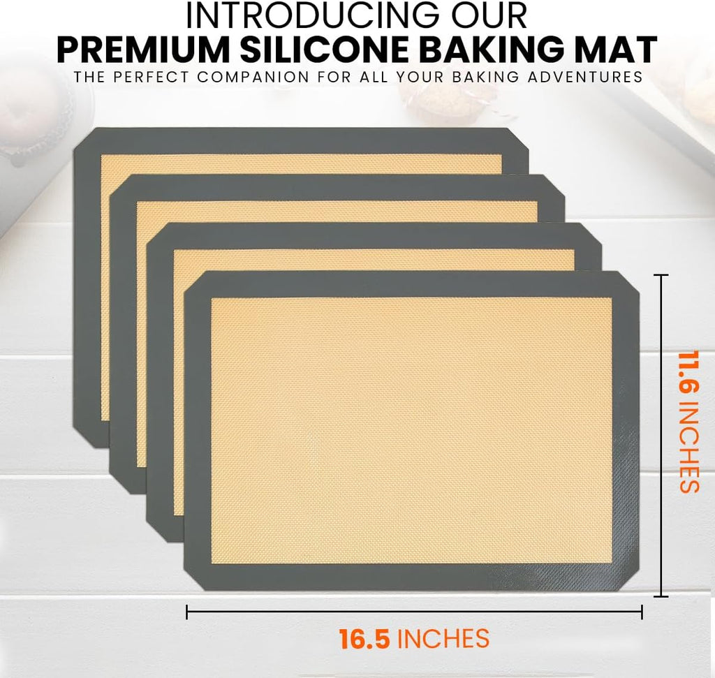 Skiennix Silicone Baking Mats - Non-Stick, Reusable 4-Pack | Heavy Duty Half Sheet for Macarons & Pastries