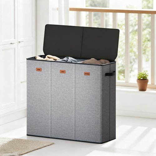 Fuonsyn 185L Laundry Hamper 3 Section with Lid, Grey Hamper 3 Compartment with 3 Removable Laundry Bags, Large Laundry Basket for Bedroom, Laundry Room, Dorm