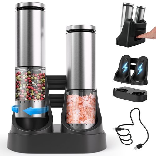 Electric Salt and Pepper Grinder Set with Charging Base: Rechargeable Automatic Salt and Pepper Grinder Set with External Adjustable Coarseness, Stainless Steel Electric Salt and Pepper Shakers,Sliver