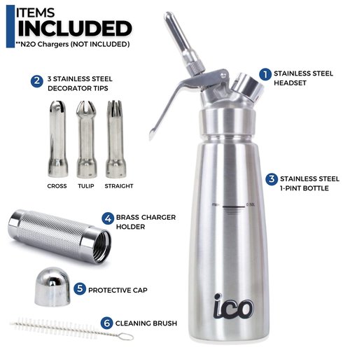 ICO 0.5 L (1 Pint) Professional Stainless Steel Whipped Cream Dispenser for Homemade Whipping Cream, Whipped Cream Dispenser for Desserts, Dips, Sauces, and Infused Oils & Liquors