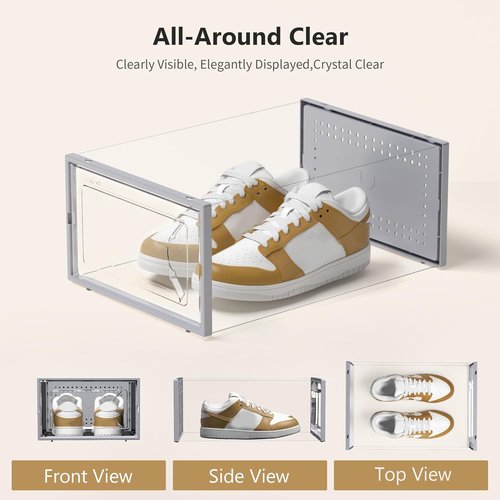 Kuject Large Shoe Storage Box - Stackable Crystal Clear Organizer | Space-Saving 12-Pack Grey