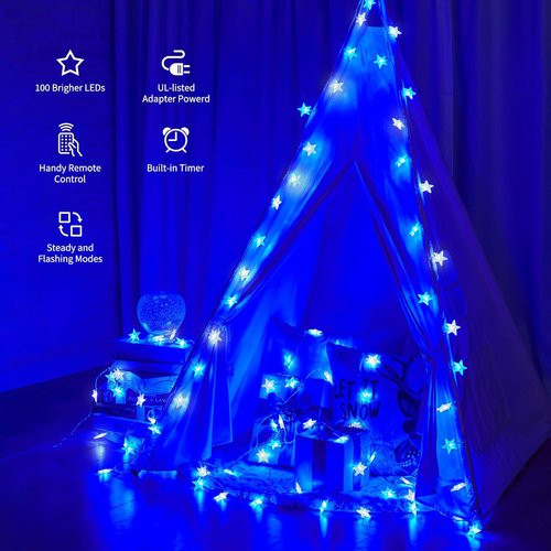 Minetom Star String Lights - 33 ft 100 LED Blue & White Fairy Lights with Remote & Timer | Waterproof for Indoor/Outdoor Use