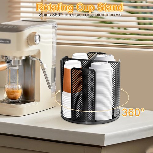 ceiiseaon Rotatable Cup and Lid Holder, Coffee Cup Dispenser for Countertop with 4 Compartments, Paper Cup Storage Holder, for Countertop Bathroom Kitchen Bedroom Coffee Shop