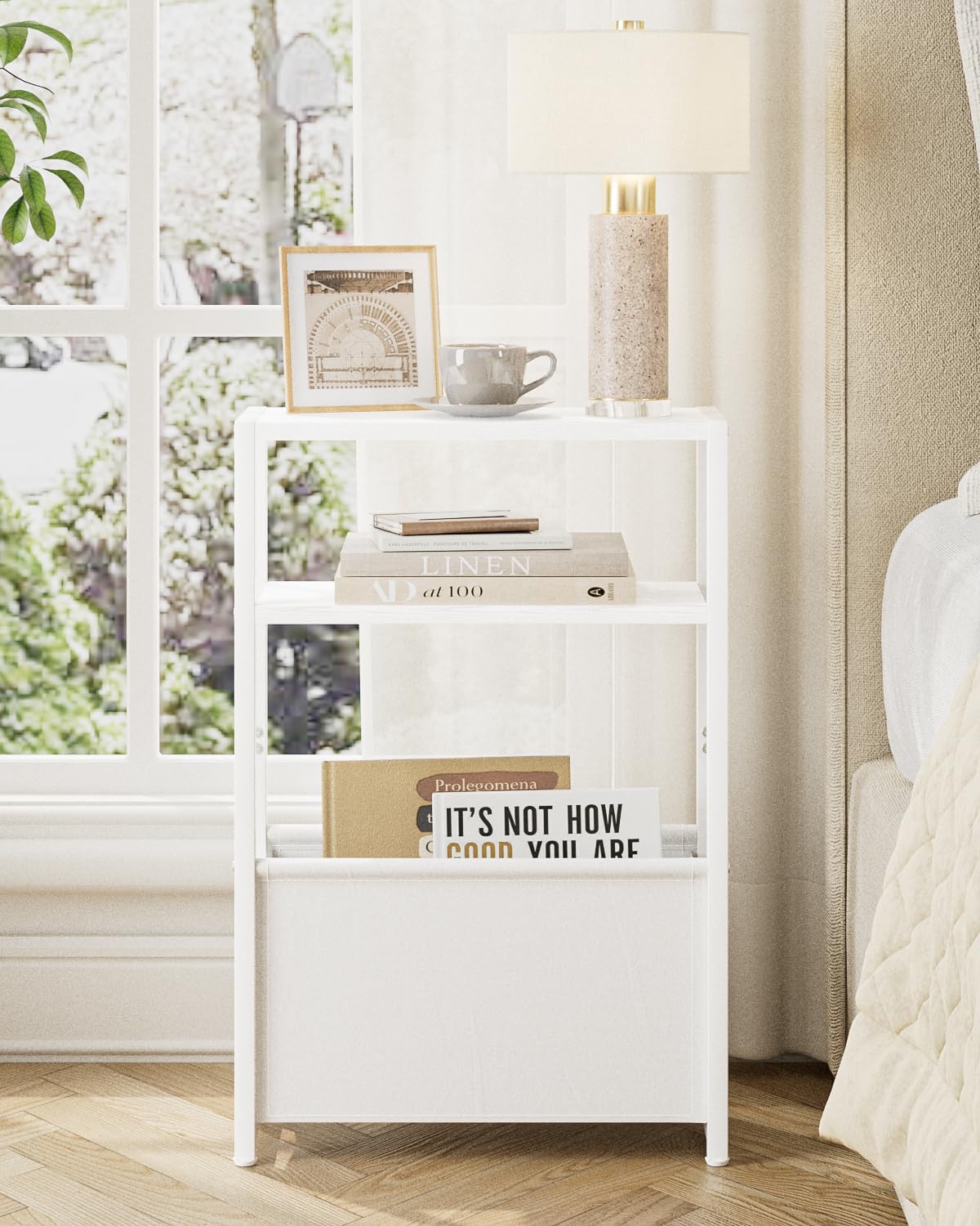 Apetaccat Narrow Side Table, 3-Tier Side Table with Storage Bag, Narrow Nightstand for Small Spaces, Bedside Table for Living Room, Bedroom, White