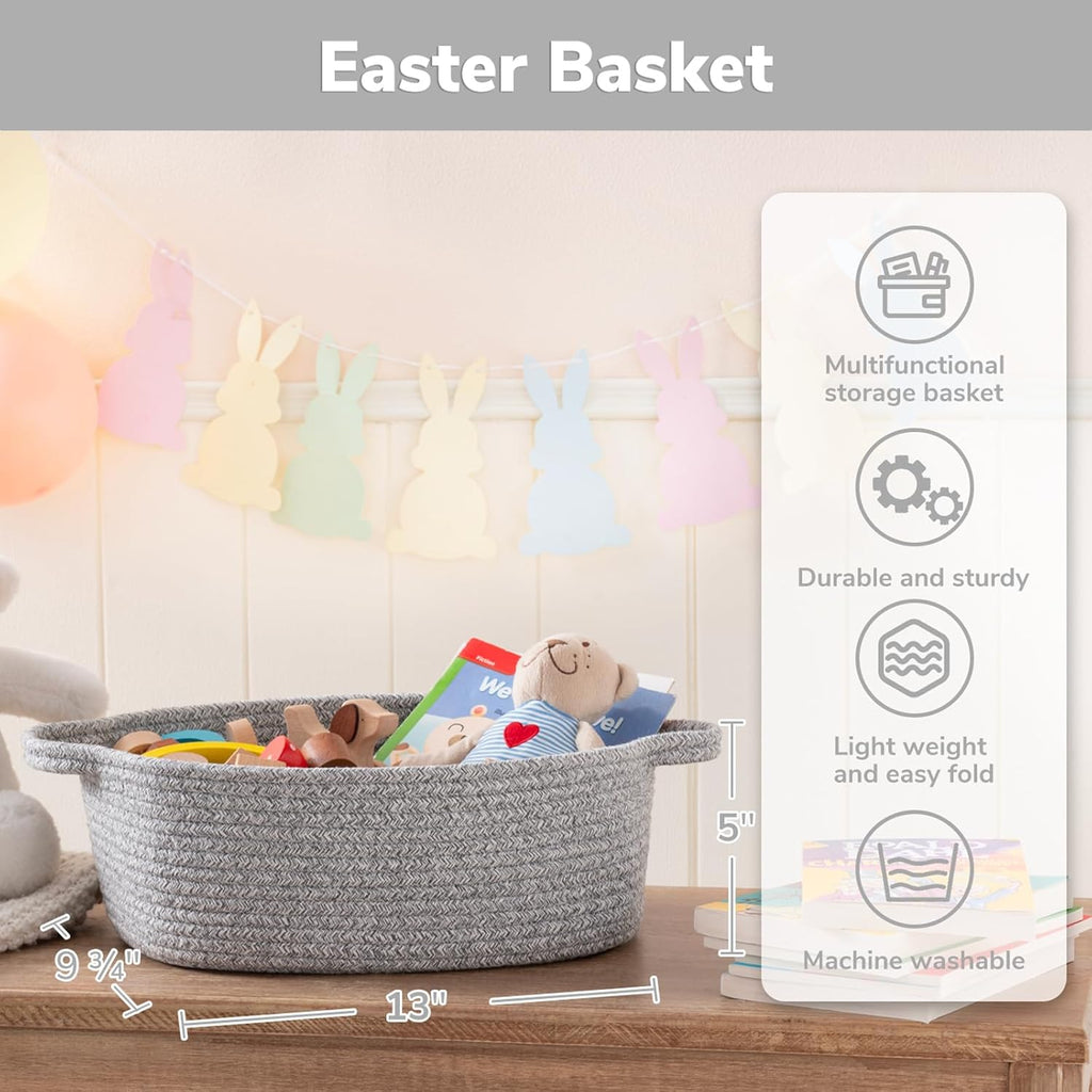 CHICVITA Decorative Gift Basket - Easter Basket for Kids | Woven Rope Storage Organizer, Grey, 13 x 9.8 x 5 Inches