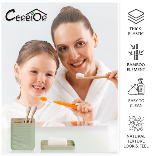CERBIOR Bathroom Accessories Set 6 Piece Bamboo Bath Ensemble Includes Soap Dispenser, Toothbrush Holder, Toothbrush Cup, Soap Dish for Decorative Countertop and Housewarming Gift (Green)