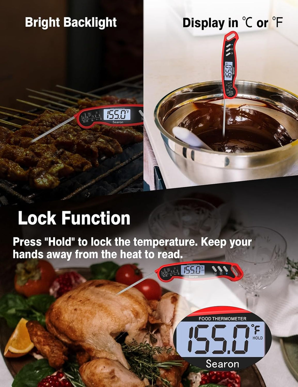 Searon Digital Meat Thermometer - Instant Read, Waterproof Design for BBQ, Grilling & Baking