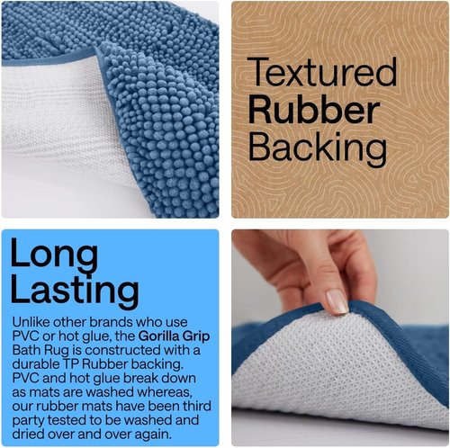 GORILLA GRIP Bath Rug Mat - Thick Soft Absorbent Chenille | Quick Dry Microfiber, 44x26, Blue