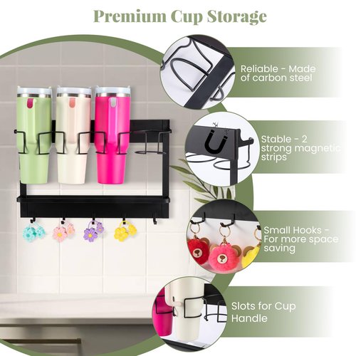 CINPIUK Water Bottle Organizer Holder, Magnetic Cup Rack Storage for Stanley & Large Tumbler, Space Saving Wall Mount Bottle Organizer with 5 Hook, Easy to Install, Black