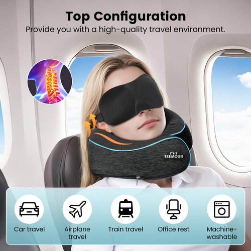 Travel Neck Pillow for Airplane -Memory Foam Travel Pillow for Long Flights/Car Sleep 360° Support Airplane Pillow, With Eye Mask & Earplugs, Portable Carry Bag | Airplane Accessories Washable Cover