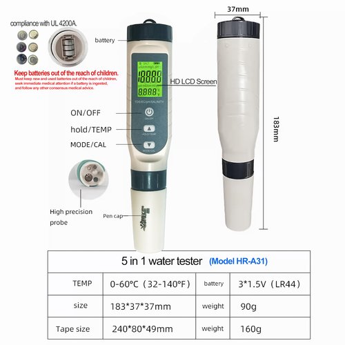 Divolight 5-in-1 Water Quality Tester Pen Meter for Pools, Drinking Water, Aquariums, Hydroponic & Cooking - Measures PH, TDS, EC, Salinity & Temp with ATC Function