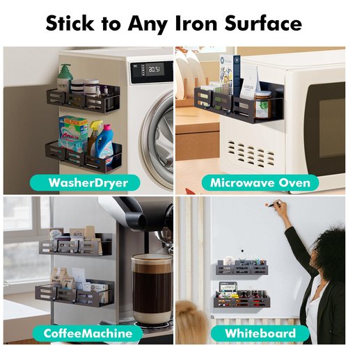 SETBAOO 4 Pack Magnetic Spice Rack for Refrigerator with 4-Hook Rack and Paper Towel Holder, Black Magnetic Shelf and Fridge Kitchen Cabinet Organizers Storage Seasoning Organization Mini Shelves.