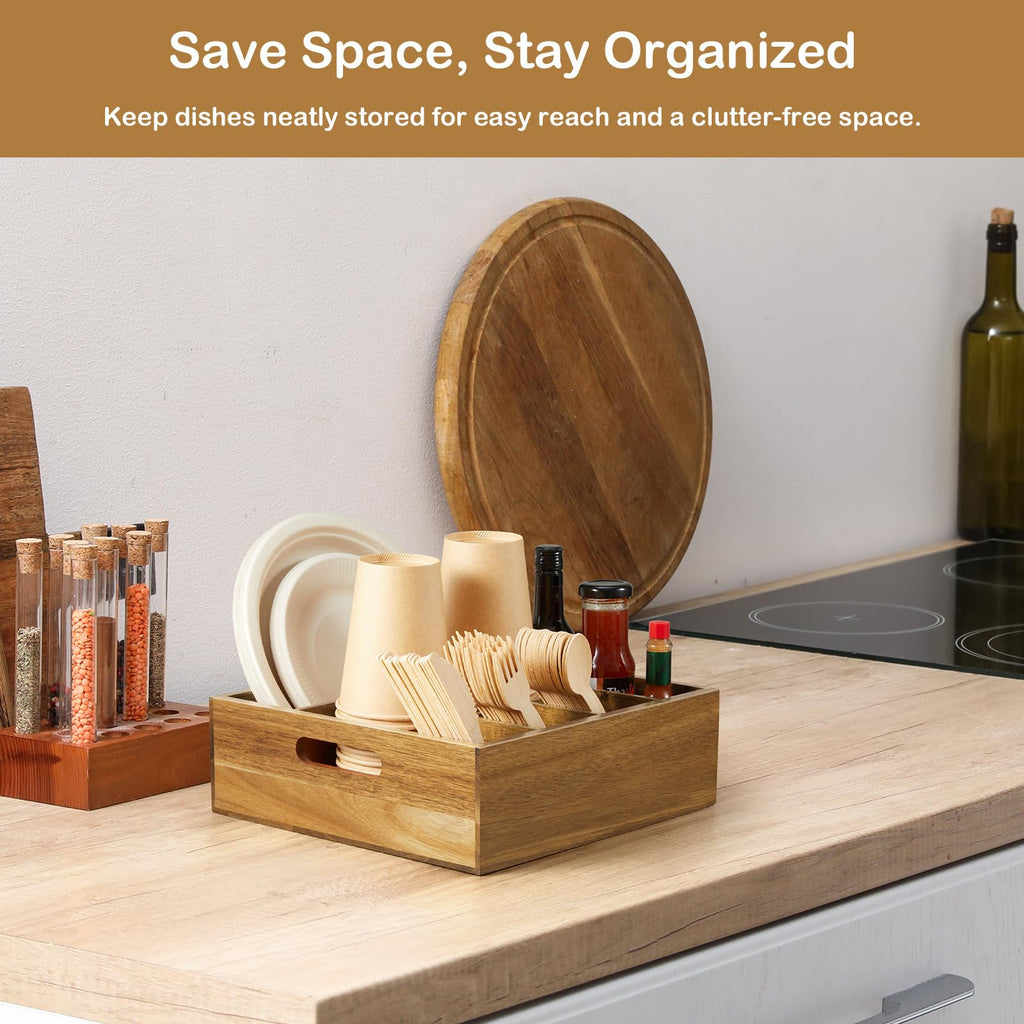 Acacia Wood Utensil Holder for Party, 6-Compartment Paper Plate and Silverware Organizer with Handles, Rustic Utensil Caddy for Parties, Outdoor Gatherings, and Kitchen Countertop Organization