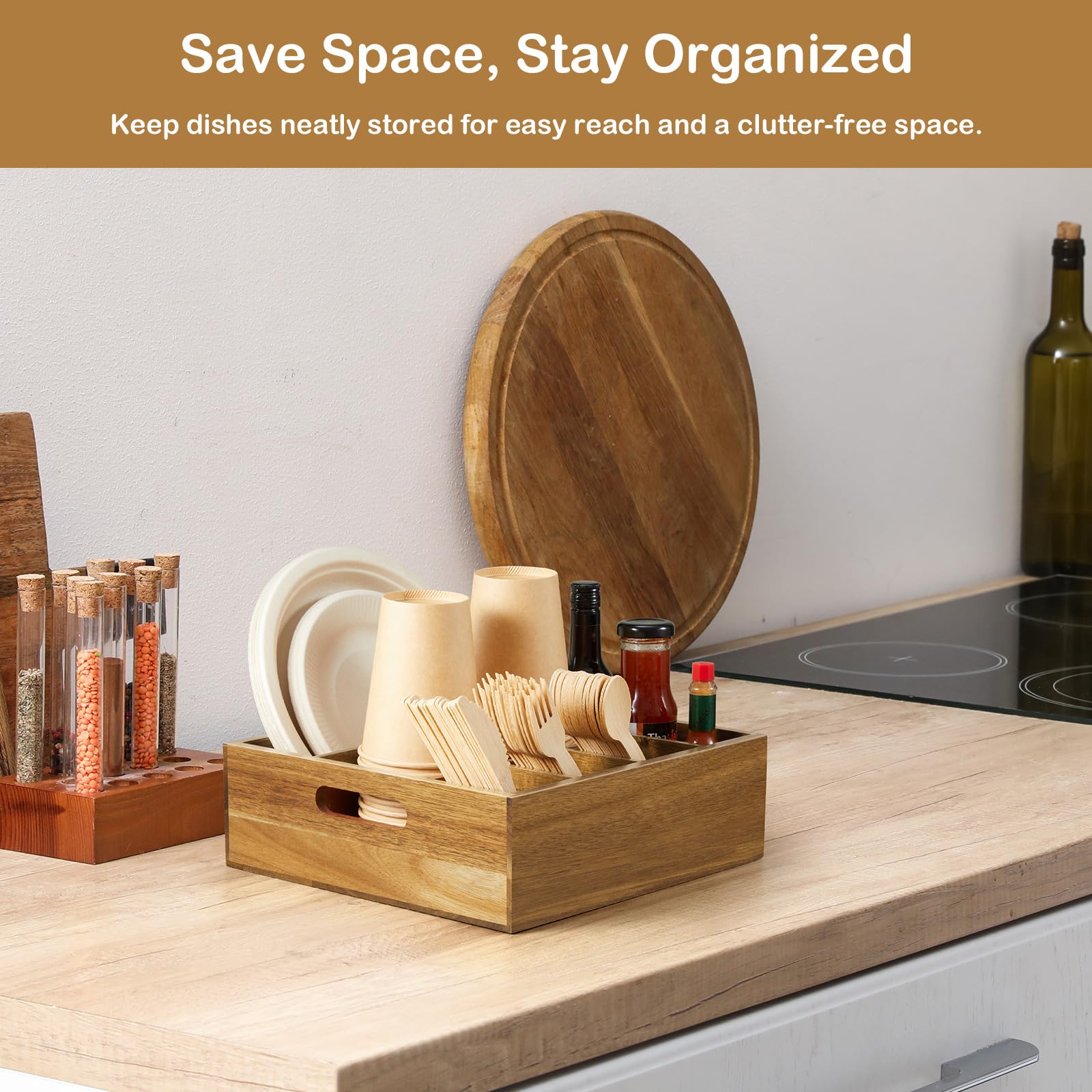 Acacia Wood Utensil Holder for Party, 6-Compartment Paper Plate and Silverware Organizer with Handles, Rustic Utensil Caddy for Parties, Outdoor Gatherings, and Kitchen Countertop Organization