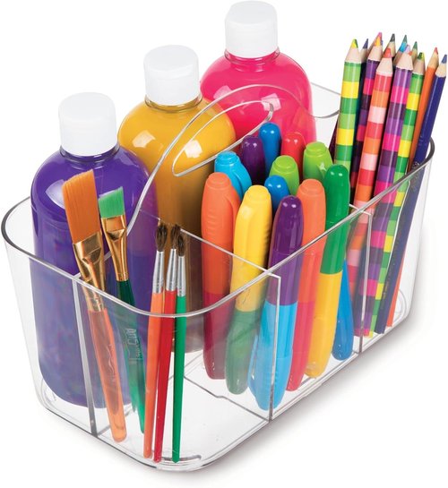 mDesign Craft Storage Organizer Caddy - Portable Tote for Art Supplies - Holds Brushes & Colored Pencils - Clear
