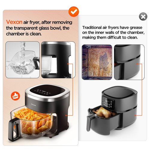 Vexon 6-IN-1 Glass Air Fryer,4.5QT Air Fryer with Viewing Glass Pot, Air Fry, Roast, Reheat, Dehydrate, Air Crisp Technology,Nonstick & Dishwasher Safe Basket,97% Less Oil,Features Digital Timer