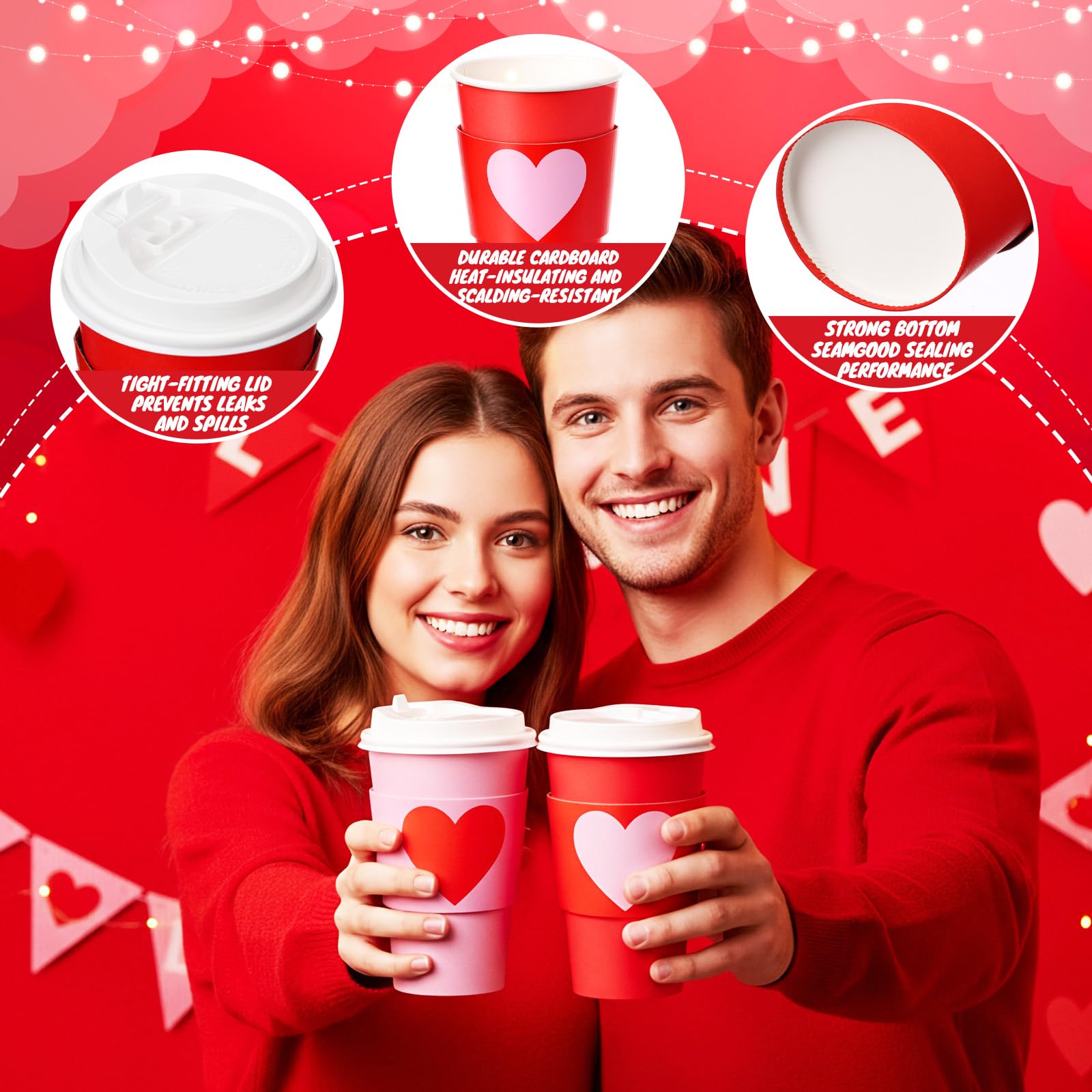 Sunnychicc 24 Set Valentine's Day Disposable Coffee Cups with Lids and Sleeves 16oz Red Pink Paper Cups Beverage Drinking Cup Heart Shaped Sleeves for Anniversary Wedding Bridal Shower Party Supplies