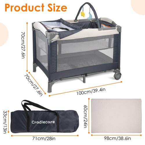 Cradlecare 3-in-1 Pack and Play Playard with Bassinet and Changing Station | Portable Baby Playard for Travel, Foldable Play Pen for Newborns and Toddlers, 2 Locking Wheels, Breathable Mesh (Creamy)