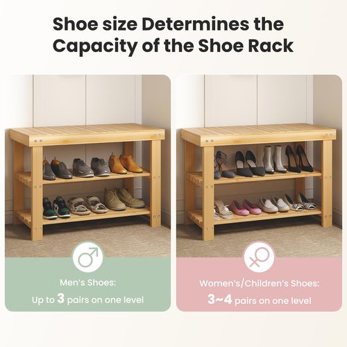 DUMOS Shoe Rack Bench, 3-Tier Bamboo Entryway Benches, Holds Up to 286 lb Storage Organizer, 11.22 x 27.6 x 18 Inches, Suitable for Bedroom Living Room Balcony, Classical Wood