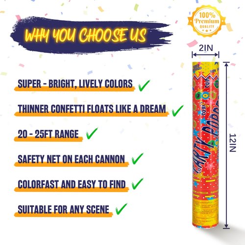 Confetti Cannon Multicolor Confetti Poppers 6 Pack Biodegradable Party Poppers 12 Inch Confetti Shooter Sticks for Wedding Graduation Birthday Engagement Anniversary Christmas New Year Celebration