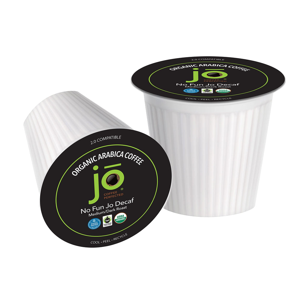 NO FUN JO DECAF: 48 Cups, Organic Medium Dark Roast Swiss Water Process for Keurig K-Cup Compatible Brewers, Fresh Seal Single Serve Cups, Fair Trade Certified Kosher Non-GMO Gluten Free by Jo Coffee®