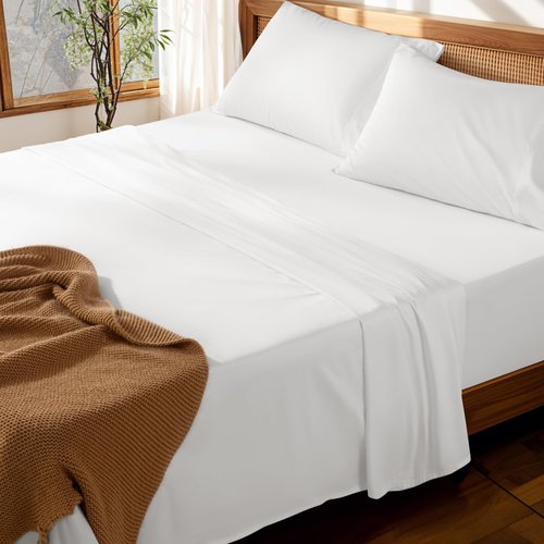 LBRO2M 100% Cotton Sheets Set Deep Pocket Up to 18"-24", 1000 Thread Count King Size 4 Pcs Bed Sheet Sets Soft Comfortable Bedding All Season (King, White)