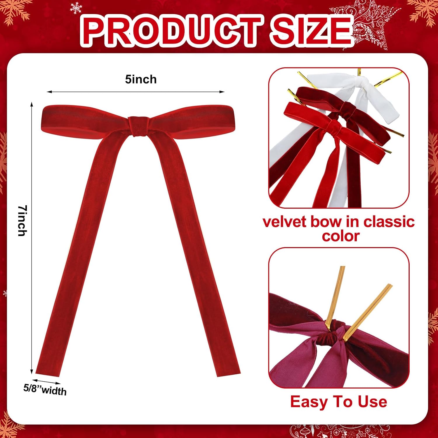 Skiennix 24 Pcs Velvet Bows - Vintage Ribbon Bows for Christmas Tree & Crafts | Red, Burgundy, White (5 x 7 Inch)