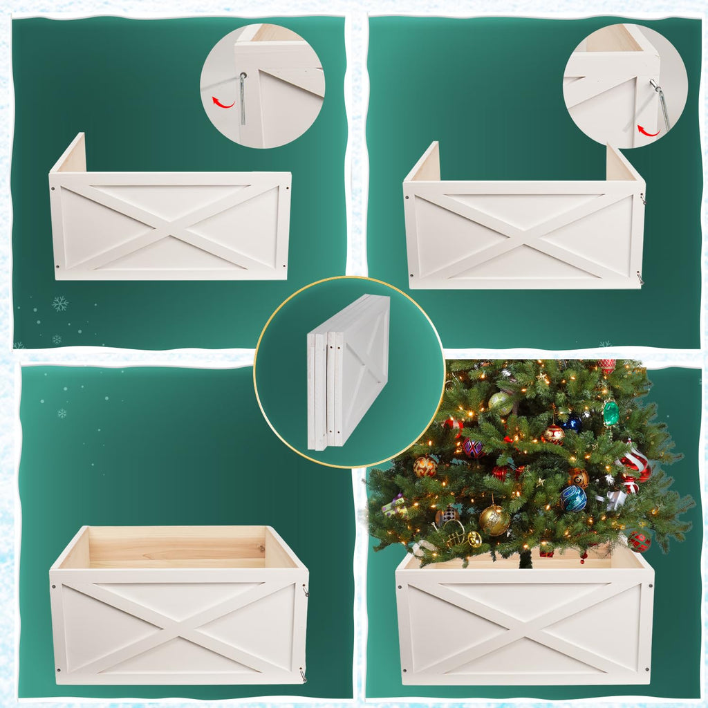 Christmas Tree Collar Box, 22" L White Wooden Tree Collar, Christmas Tree Stand Cover, Tree Skirt Box for Below 8ft Christmas Tree Decoration