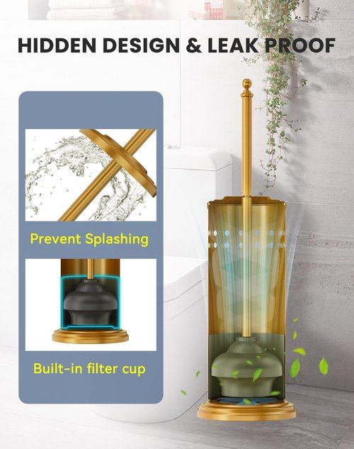 DOWRY Anti-Hand Off Toilet Plunger with Holder for Bathroom,Powerful Efficient Force Suction Cup,Heavy Duty, Deep Cleaning, Gold