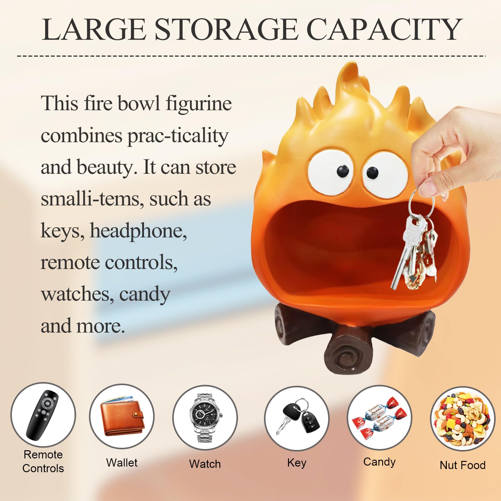 Dosker Funny Resin Flame Statue with Candy Dish & Key Dish, Entryway Table Candy Bowl Decor (Orange)