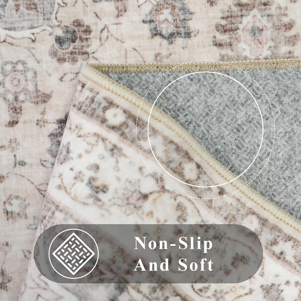 Skiennix Washable Large Area Rug - Non-Slip Stain Resistant Soft Medallion Design | 9x12 Beige/Cream