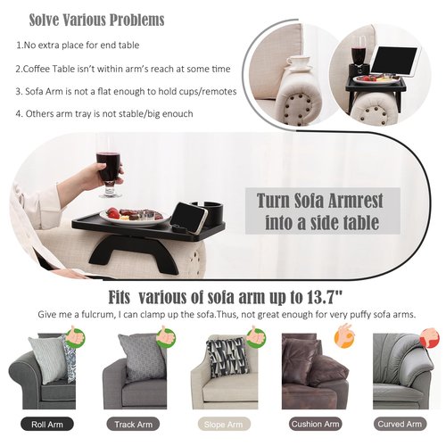 Nnewvante Couch Cup Holder,3 in 1 Large 15.36"x9.85" Bamboo Couch Arm Table Sofa Arm Clip on TV Tray Table with 360°Rotated Phone/Cup Holder, Black