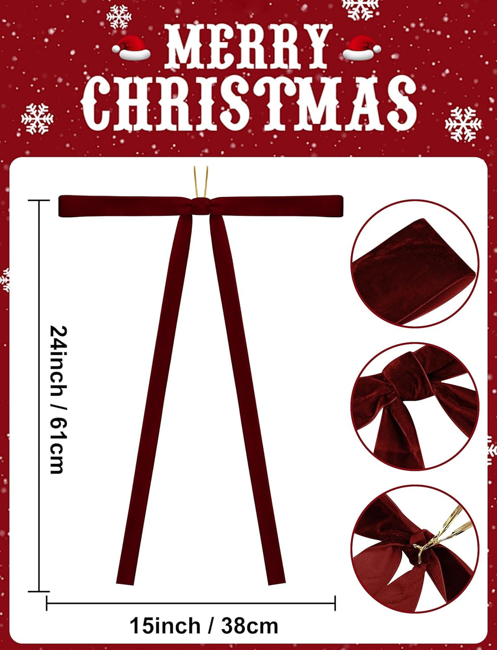 SIMISI Ribbon Burgundy Velvet Bows - Elegant Ornaments for Christmas Tree & Decor | 15x24 Inch, 6 Pieces