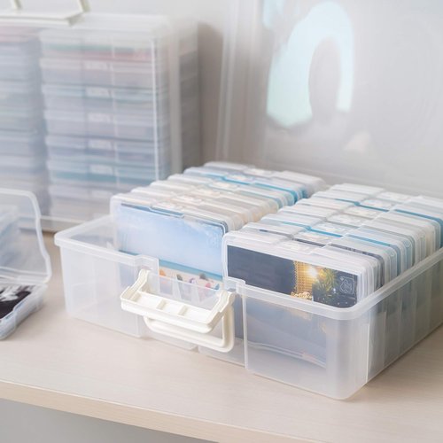 IRIS USA Photo Organizer Box - 4" x 6" Storage with Handle & 16 Inner Cases for Crafts - Clear