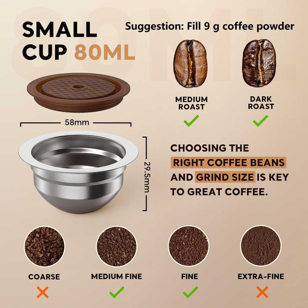 Skiennix Stainless Steel Reusable Coffee Pods - Compatible with Nespresso Vertuo | 4 Barcode Stickers & Silicone Lid (230ML)
