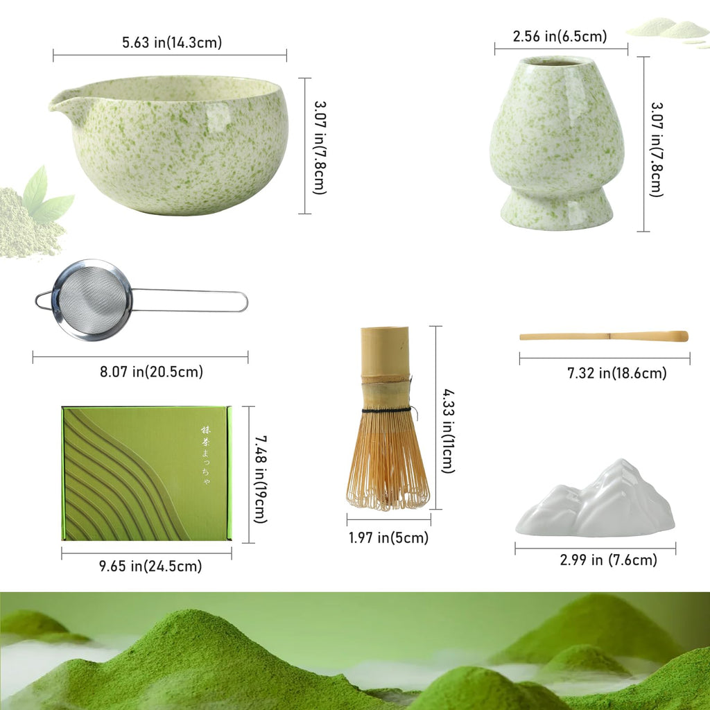 Coolpei Matcha Whisk Set, Ceramic Matcha Bowl with Spout, Bamboo Whisk, Scoop, Holder, Sifter, Tea Towel, 7-Piece Artisan Wave Matcha Kit Set for Making Breakfast/Latte, Round Green, Large