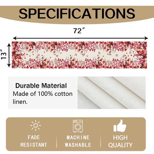 RABUSOFA Valentine's Table Runner, Pink Love Floral Anniversary Wedding Kitchen Dining Table Decoration for Home Party Decor 13x72 Inch Red Pink