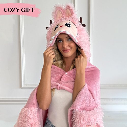 Wearable Blanket Hoodie, Christmas Blanket Hoodie Comfy and Fluffy, Flannel Hoodie Blanket for Women Men Adult Teen, Christmas Gifts for Women, Cozy Warm Soft Fuzzy Hooded Blanket Xmas Gift Ideas-Pink